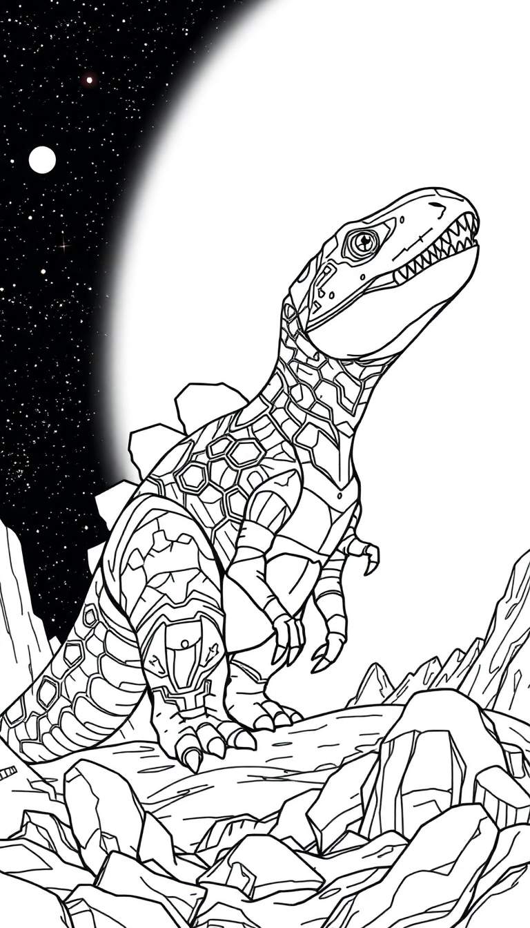 A massive, futuristic dinosaur with glowing blue eyes and metallic plating, standing on a rocky, alien planet under a starry sky.