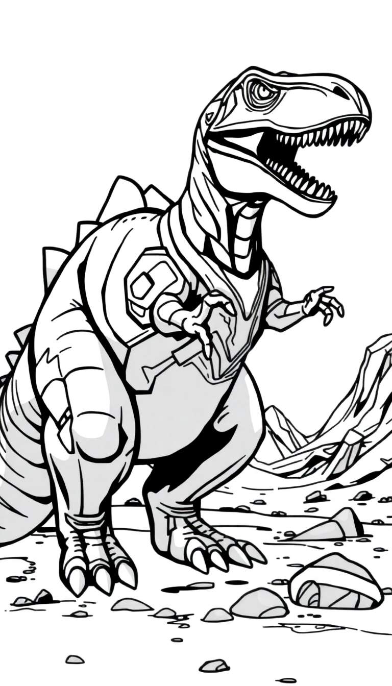 A colossal dinosaur with glowing blue eyes and metallic scales stands on a vibrant, alien planet under a swirling nebula.