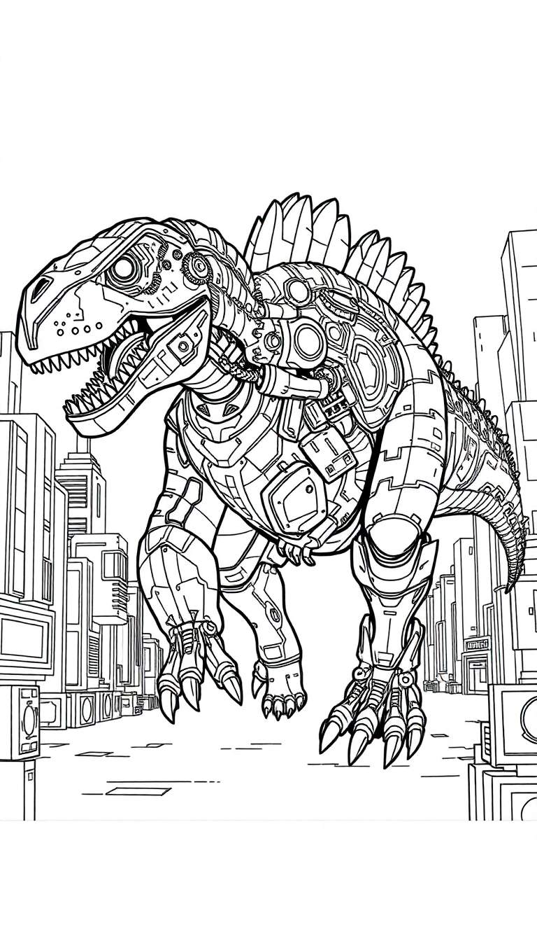 A colossal, robotic dinosaur with glowing blue eyes and metallic plating stands against a vibrant, alien cityscape under a purple sky.