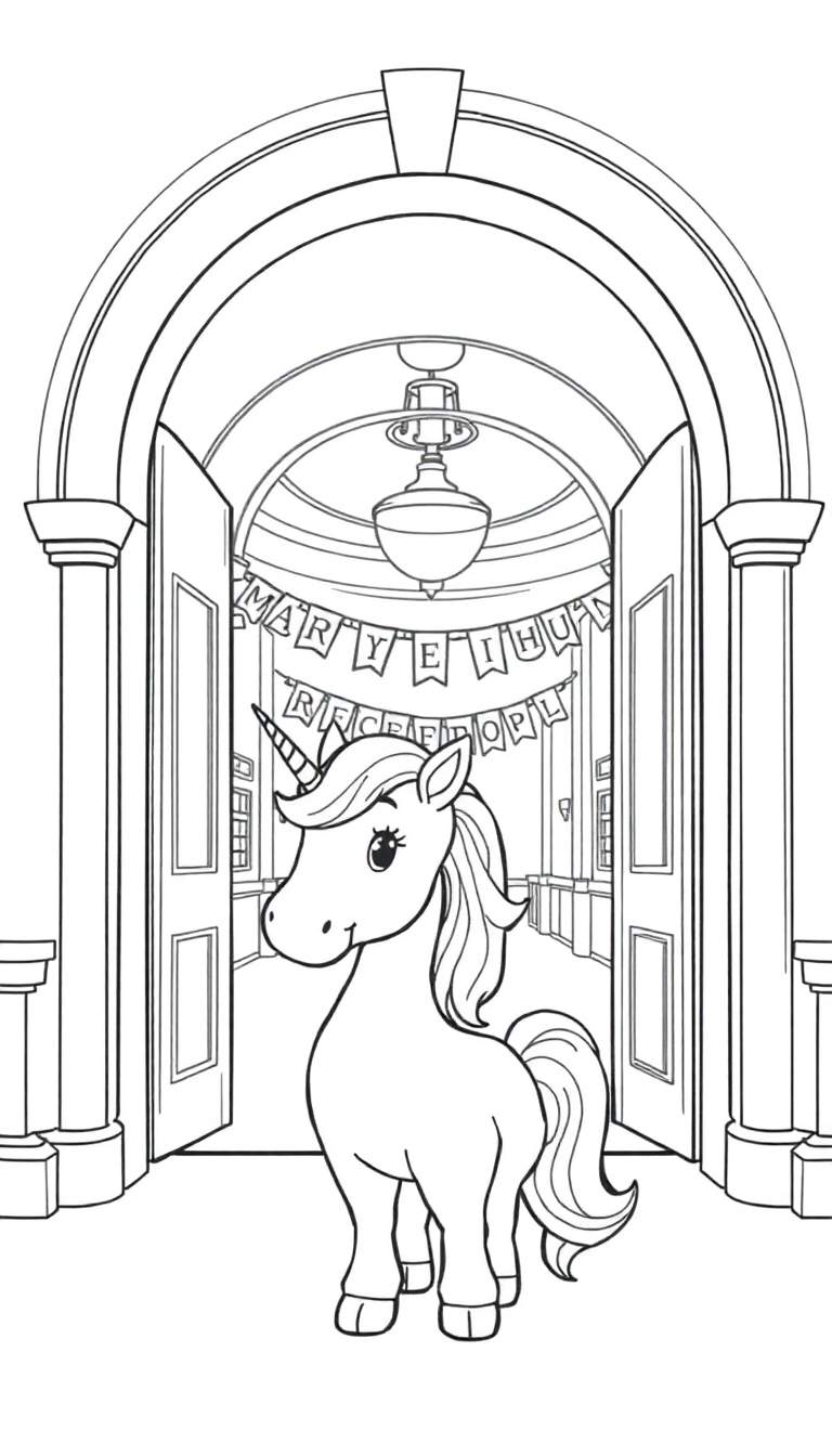 A whimsical fantasy cartoon school reception with a dragon, fairies, and glowing plants.