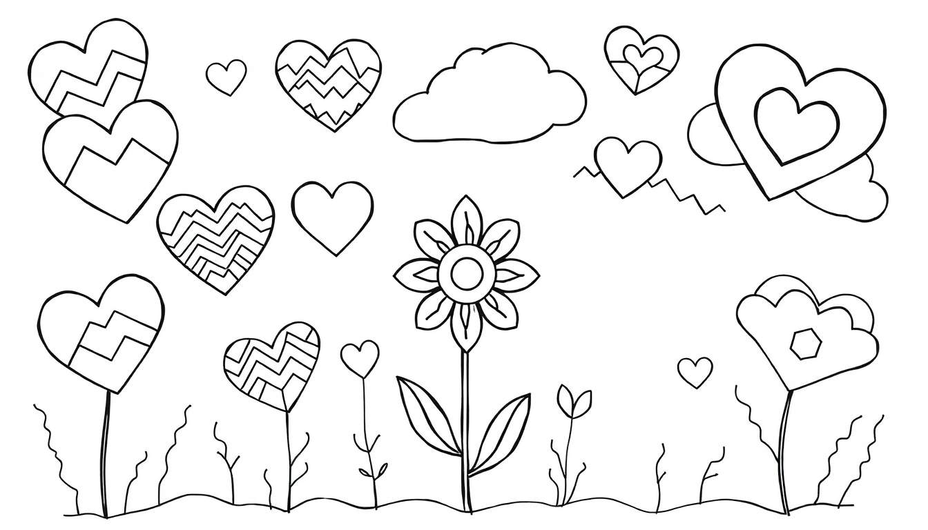 A geometric flower with heart-shaped petals and cloud-shaped leaves under a sky with geometric clouds.