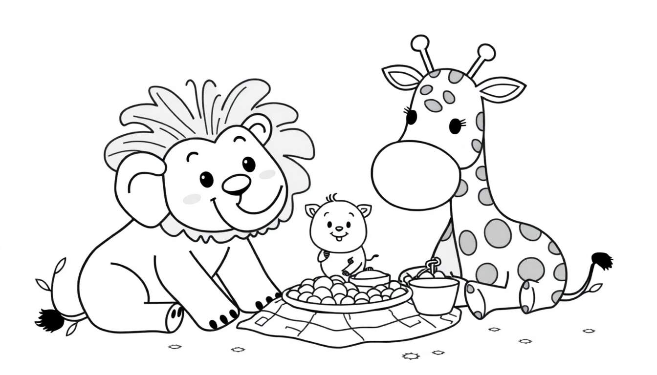 A group of colorful and diverse animals, including a lion, a zebra, an elephant, and a giraffe, standing together in a playful arrangement.
