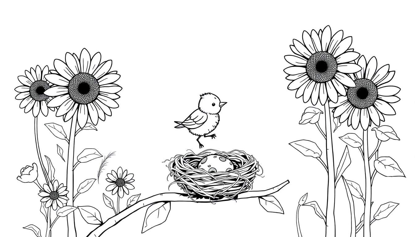 A fluffy baby bird perched on the edge of its nest, looking out at colorful flowers and bright sunshine.