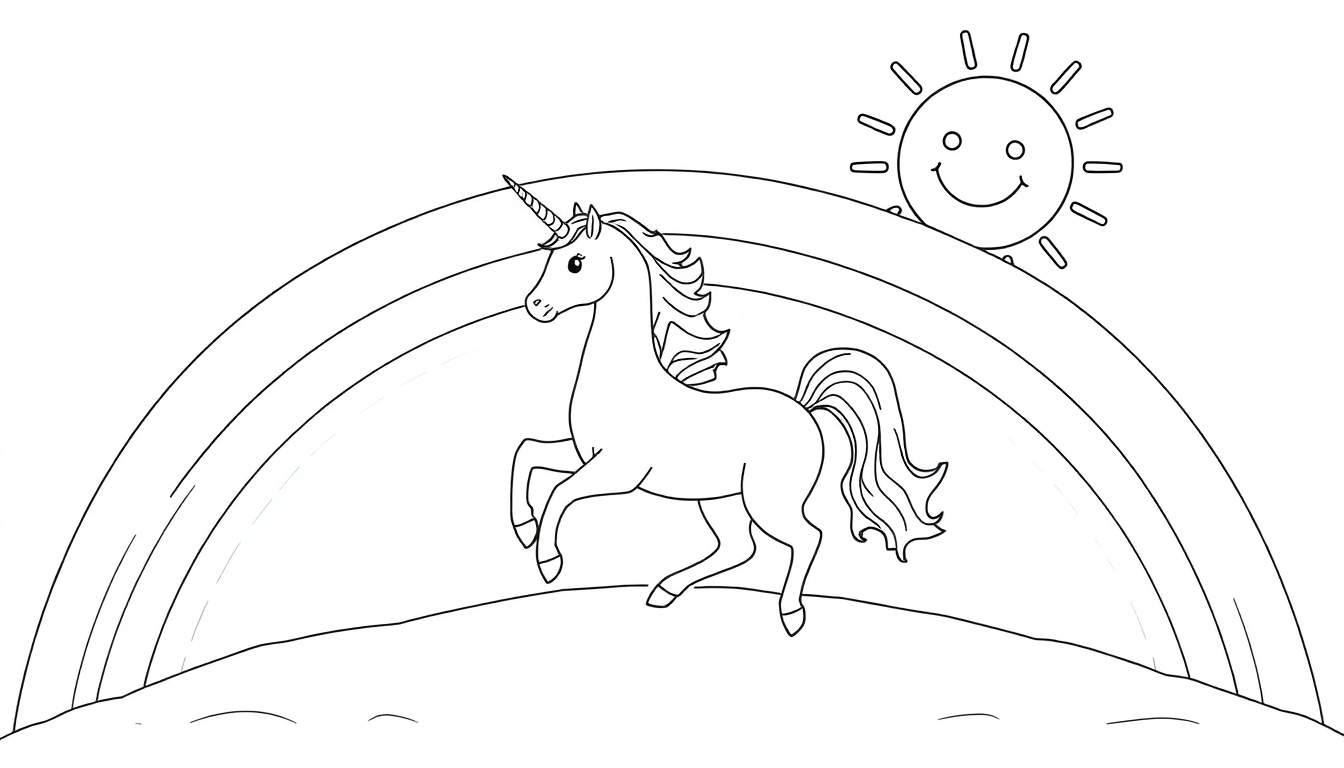 A white unicorn with a flowing mane and tail rides on a vibrant rainbow, with a cheerful sun smiling in the background.