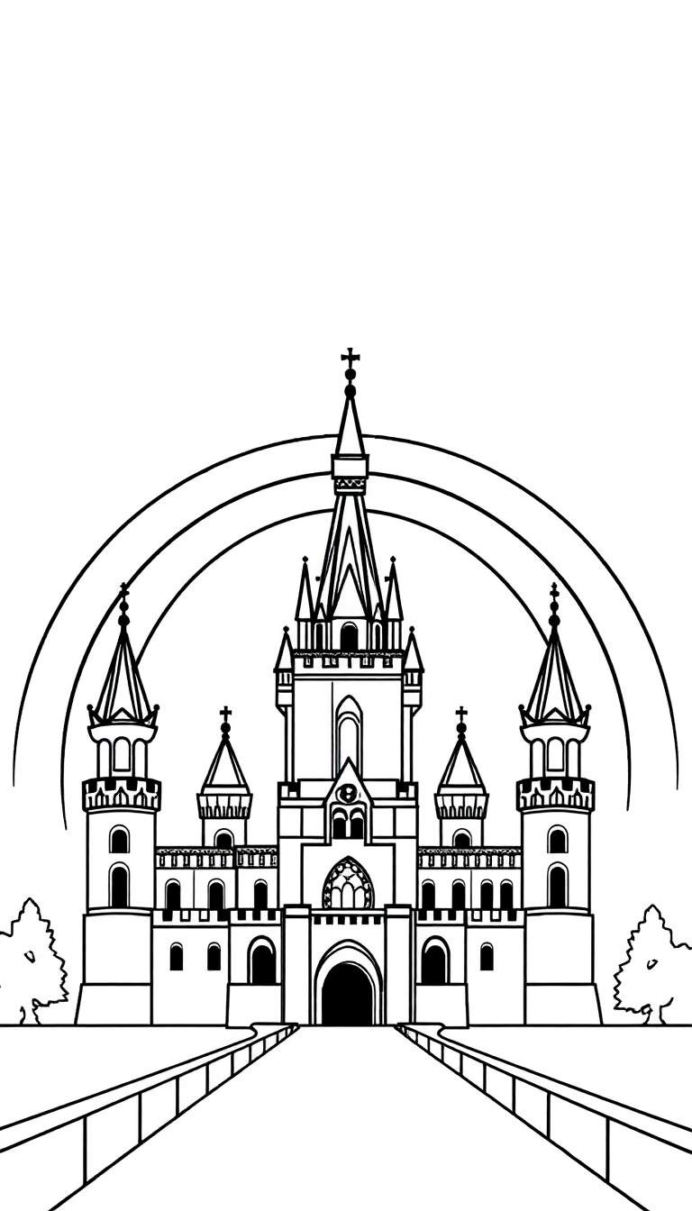 A geometric rainbow arching over a simple, stylized castle made of basic shapes.