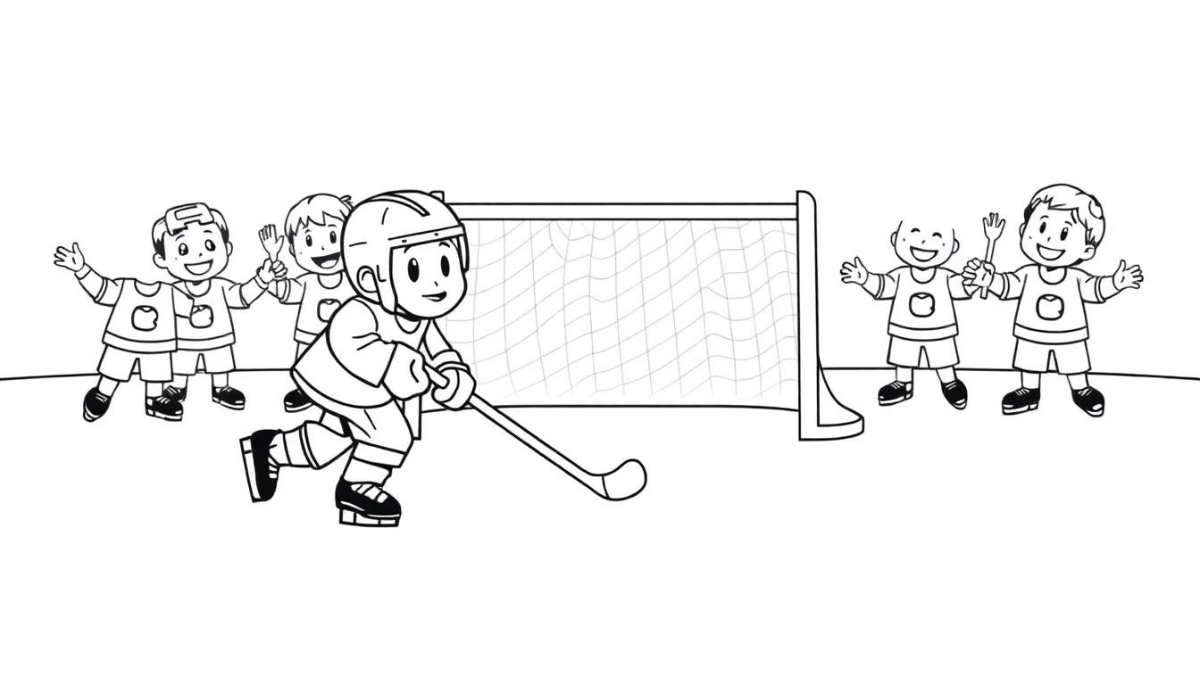 A cute cartoon hockey player with a blue jersey sliding on the ice, hitting a red puck into a net. Other happy cartoon players in colorful jerseys cheer.