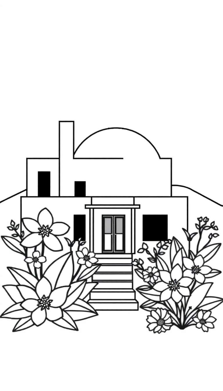 Geometric villa with flowers at sunset.