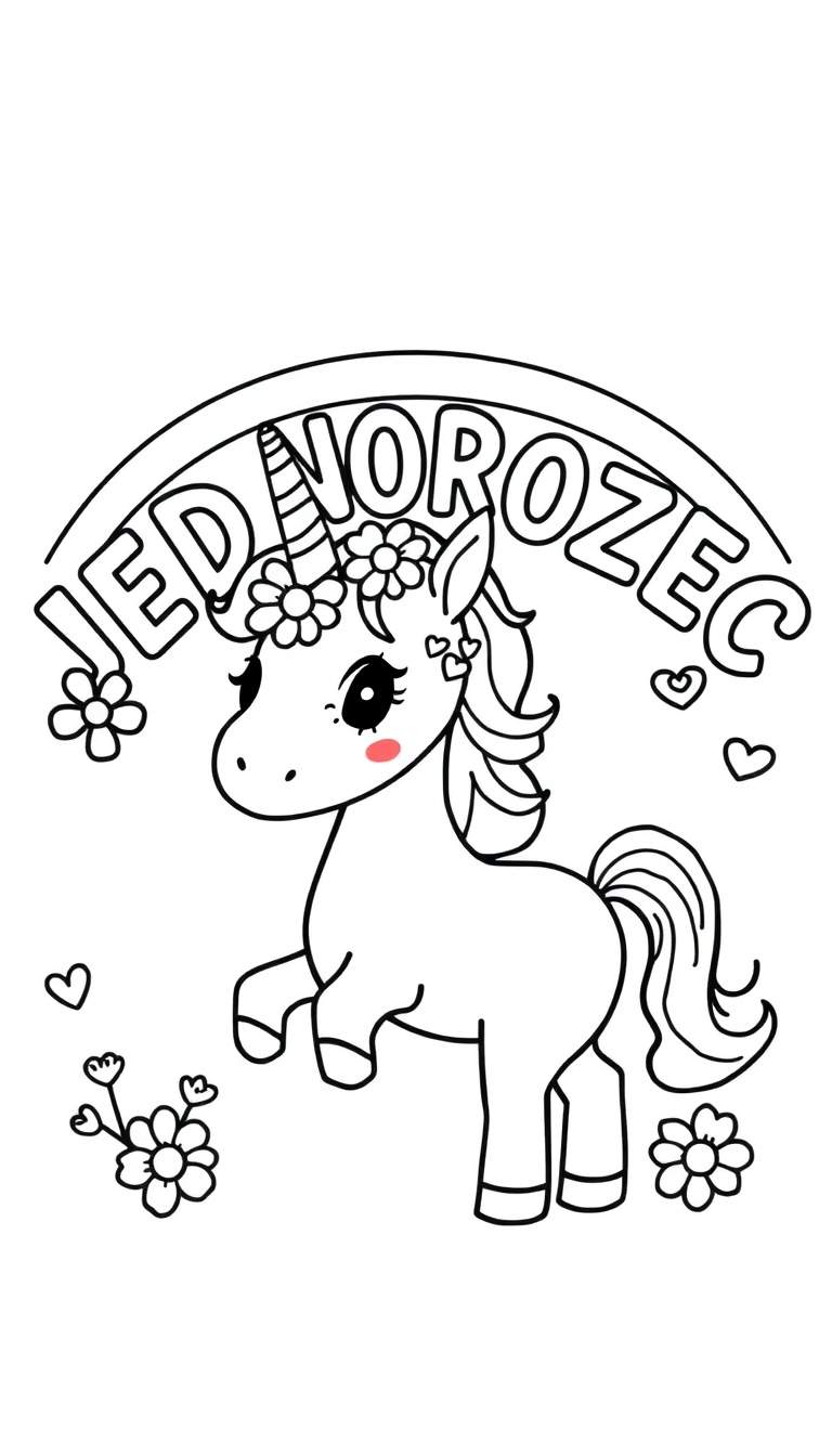 A giant, smiling unicorn with a rainbow mane and tail, covered in colorful flowers and sparkling hearts. The word 'JEDNOROZEC' is written on a rainbow arch above it.