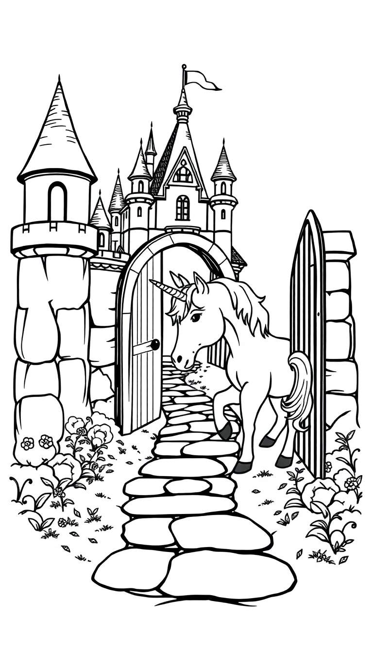 A majestic white unicorn with a rainbow mane and tail stands proudly in front of a sparkling, ornate castle.