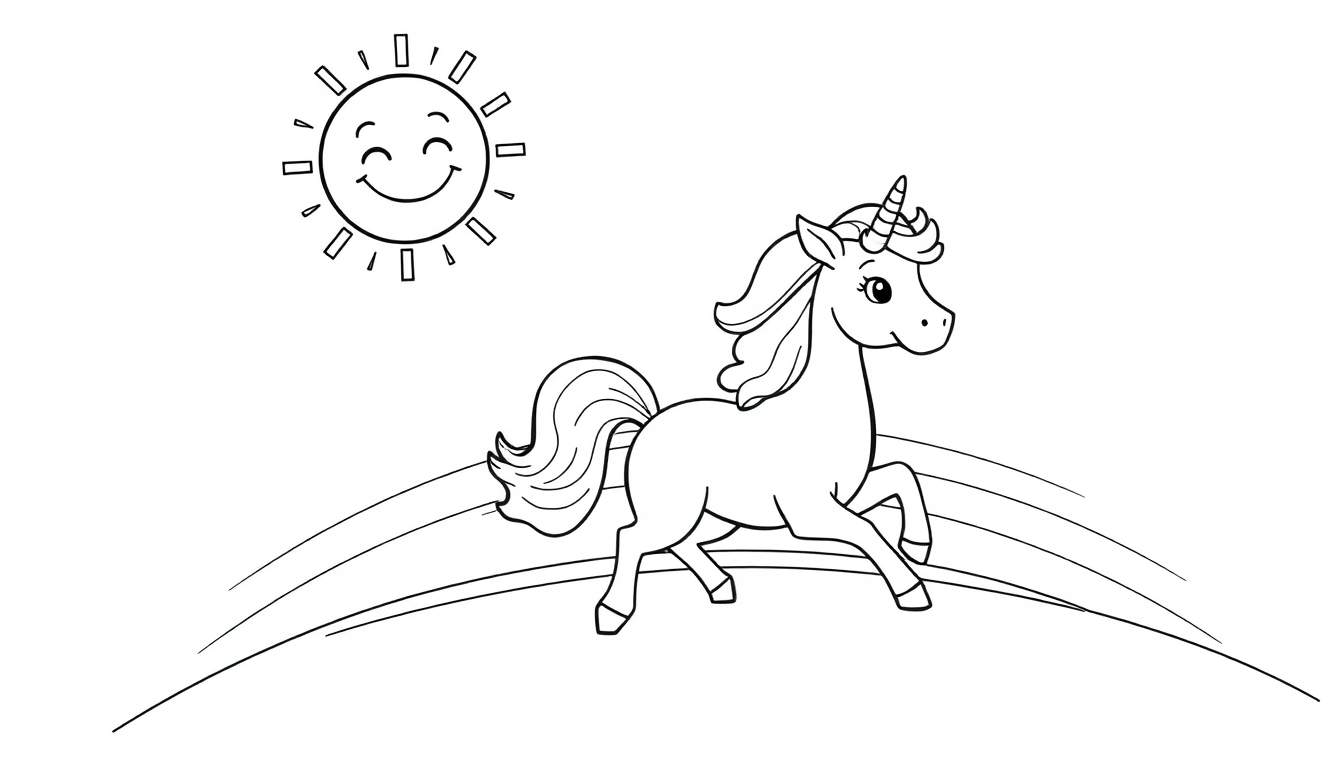 A white unicorn with a flowing mane gallops across a vibrant rainbow, with a cheerful, smiling sun shining brightly in the background.