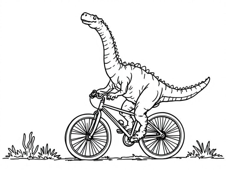 A brachiosaurus riding a bicycle in a fun coloring page.