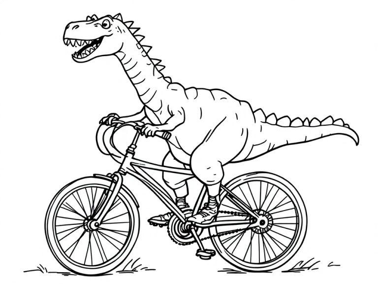 A Brachiosaurus riding a bike, designed as a fun coloring page for kids.