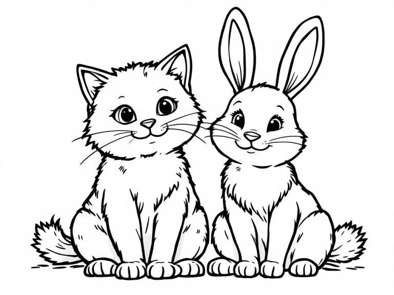 A cute coloring page featuring a cat and a rabbit sitting happily together with big smiles.