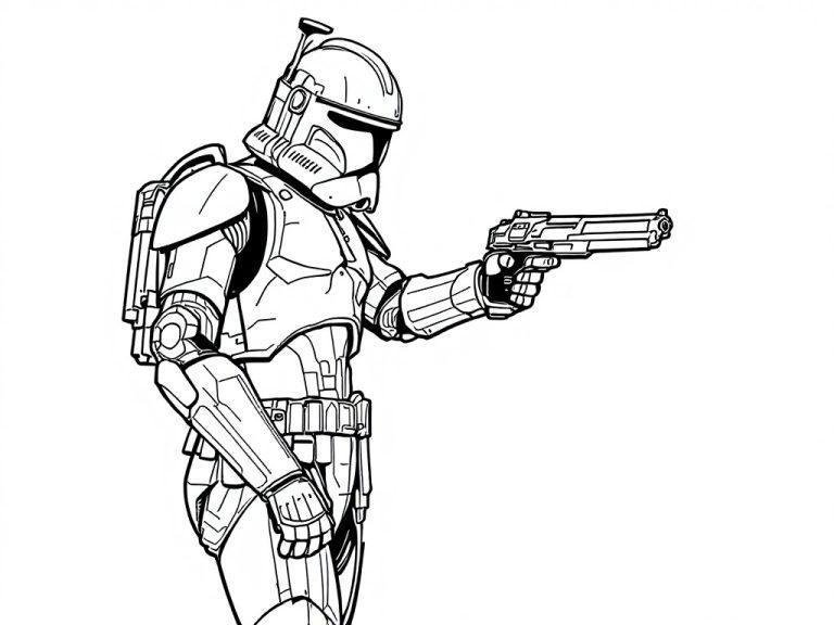A Star Wars clone trooper holding a blaster, ready to face a B1 battle droid in a coloring page.