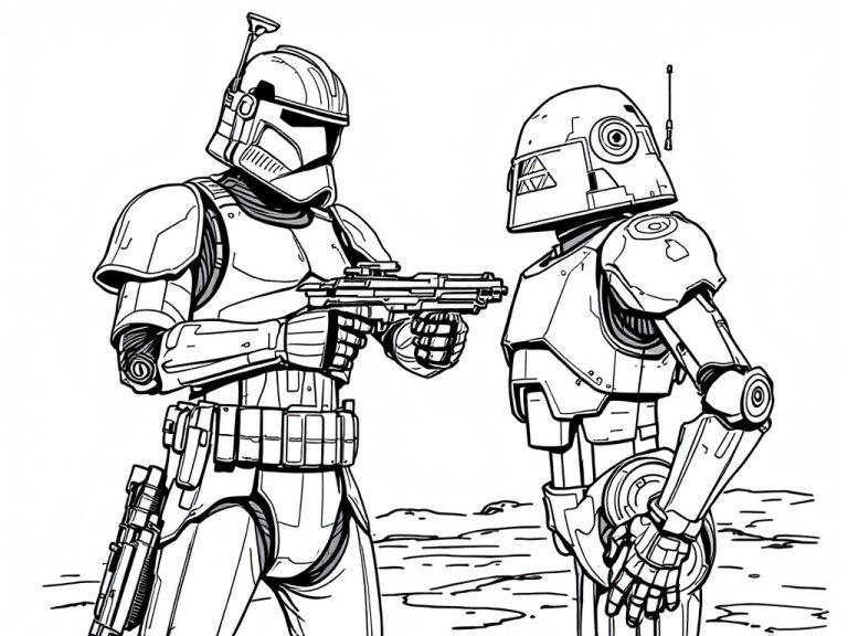 Clone trooper pointing a blaster at a B1 battle droid in a Star Wars coloring page.