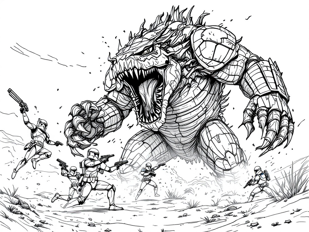 A coloring page of Star Wars clone troopers battling a large, fearsome rancor monster.