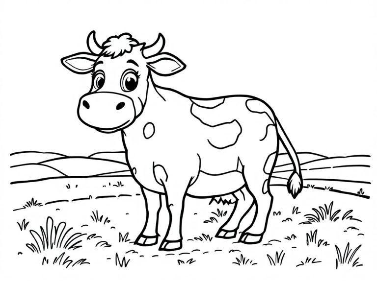 A cheerful cow in a field surrounded by grass, ideal for a kids' coloring page.
