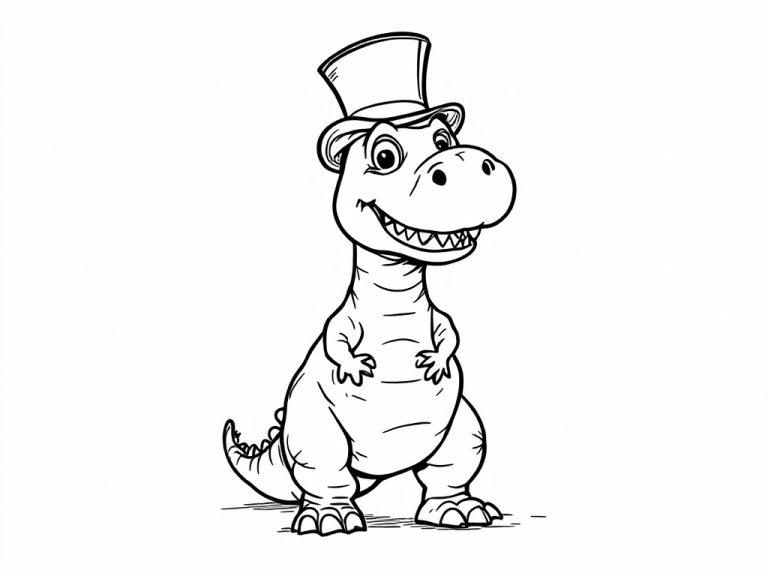 A fun T-Rex wearing a tall, funny hat in a coloring page style.