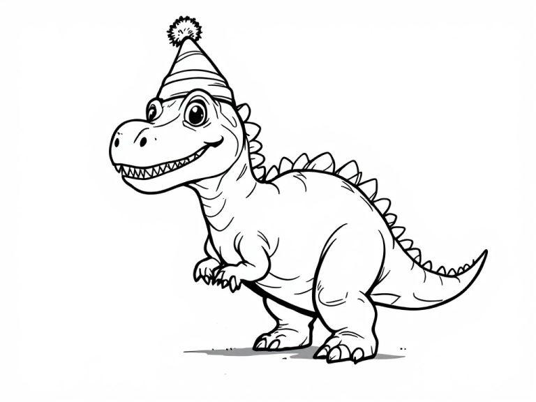 A T-Rex wearing a funny party hat drawn as a coloring page.