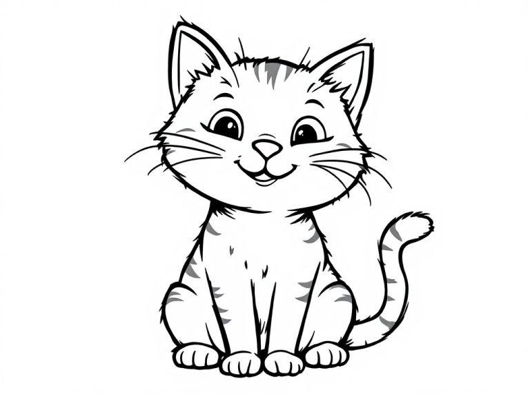 A cute cat coloring page with a happy expression and little stripes.