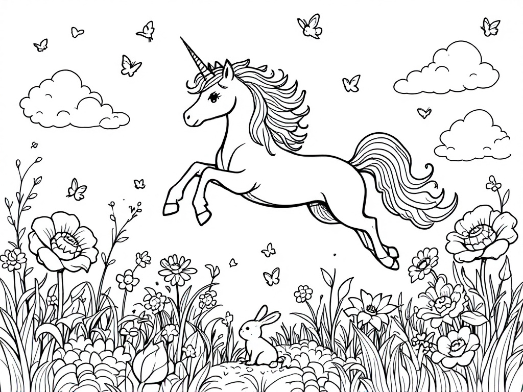 A magical rainbow unicorn jumping over a meadow filled with flowers, butterflies, and a cute bunny. Perfect for a coloring page.