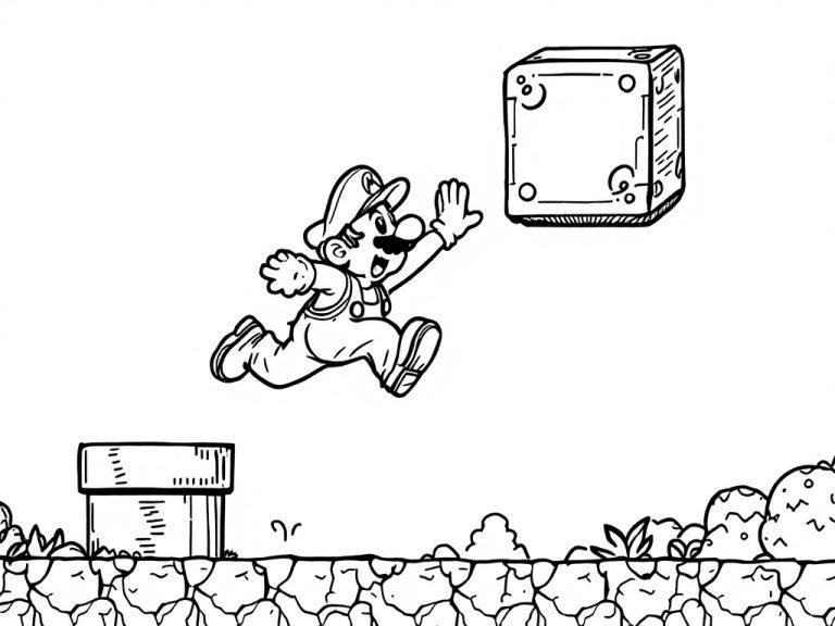 Mario jumping towards a block in a fun coloring page.