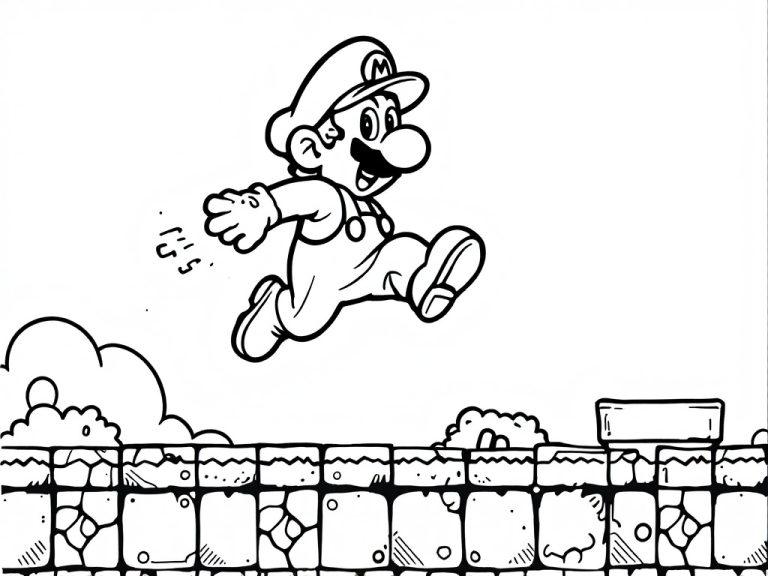 Mario coloring page showing him happily jumping over a stone block.