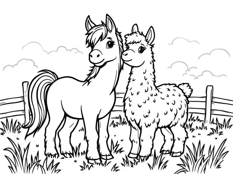 A coloring page featuring a cute pony and a friendly llama standing together in a grassy field with a wooden fence and fluffy clouds in the background.