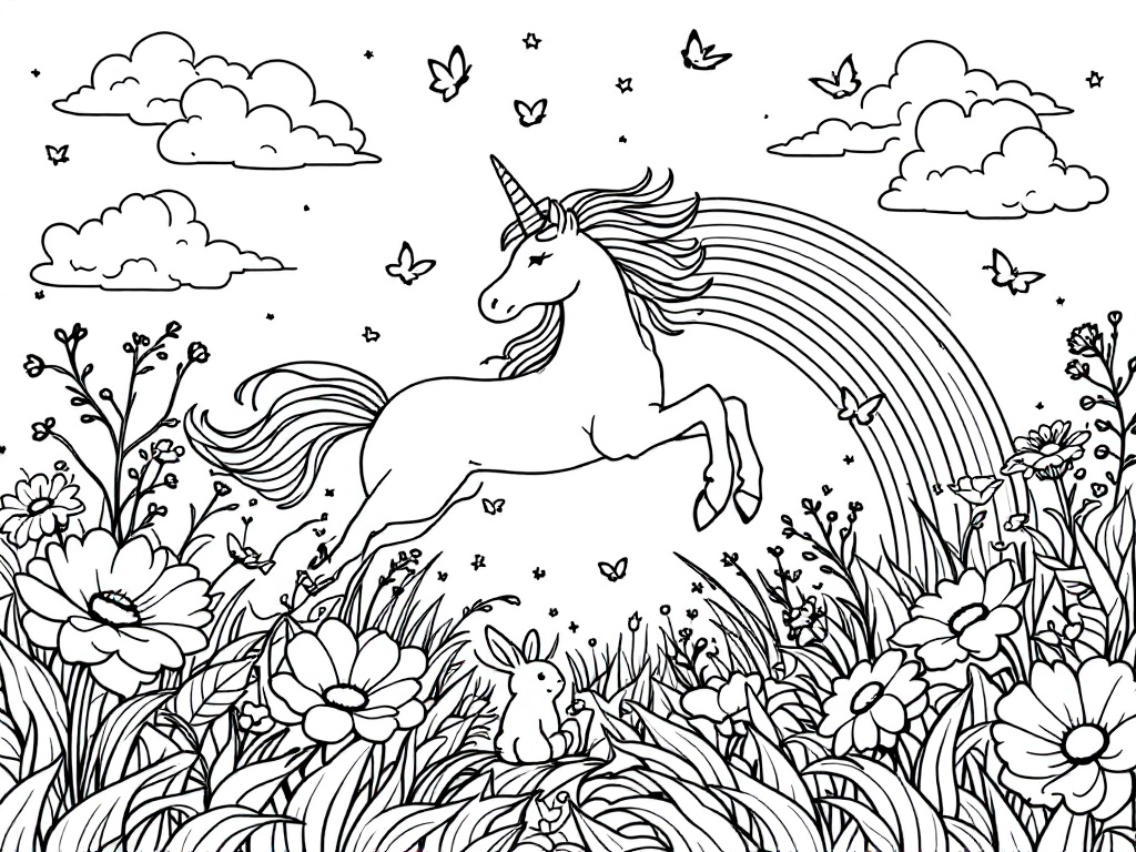 A unicorn jumping over a rainbow surrounded by flowers, butterflies, and a bunny in a grassy field. Coloring page.
