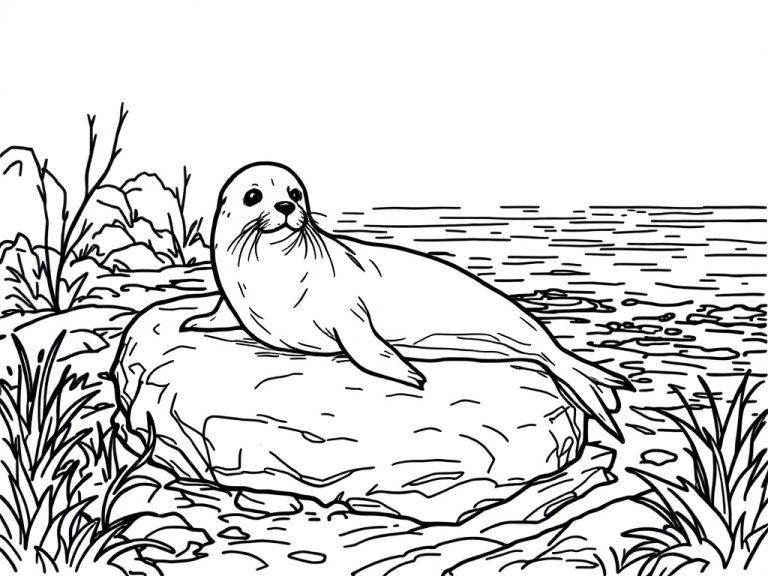 A seal resting on a rock by the water in a detailed coloring page.