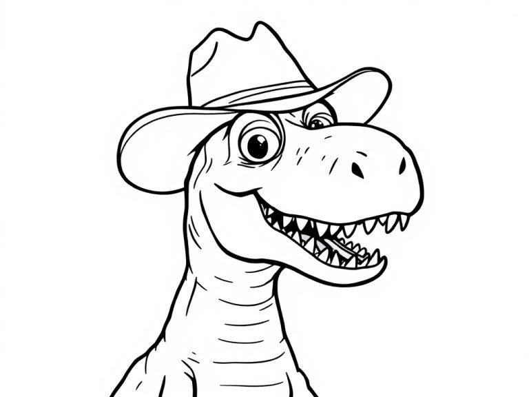 Coloring page of a T. rex wearing a funny hat with a big smile.