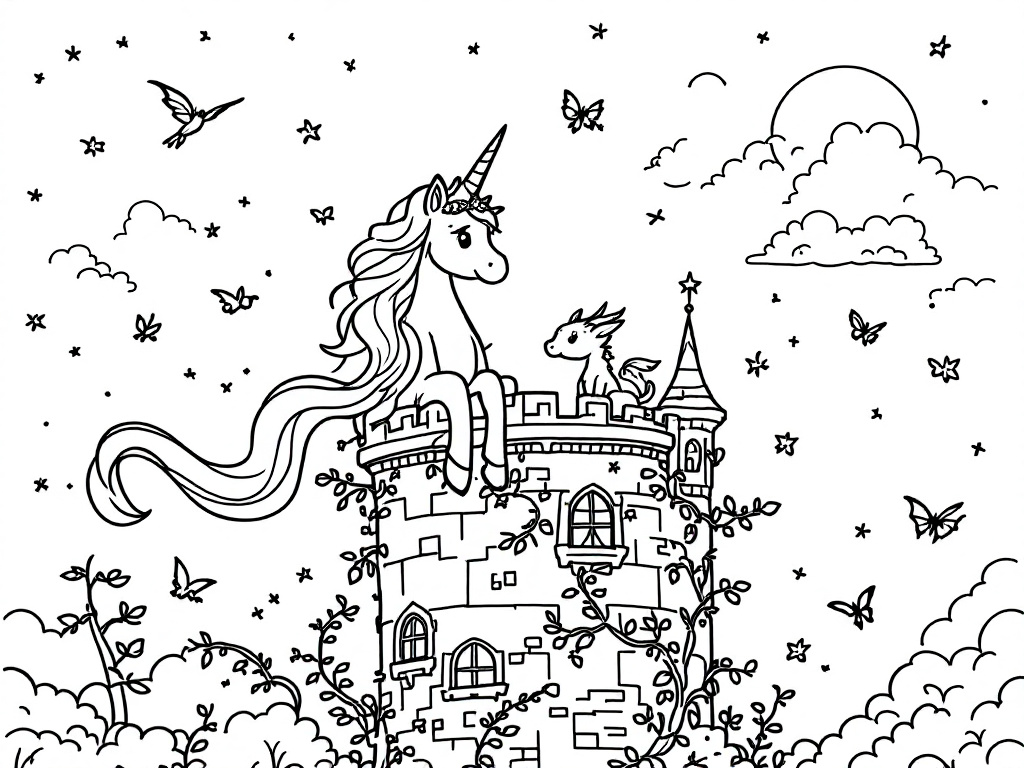 Coloring page of a unicorn princess surrounded by flowers, chirping birds, and cute animals.