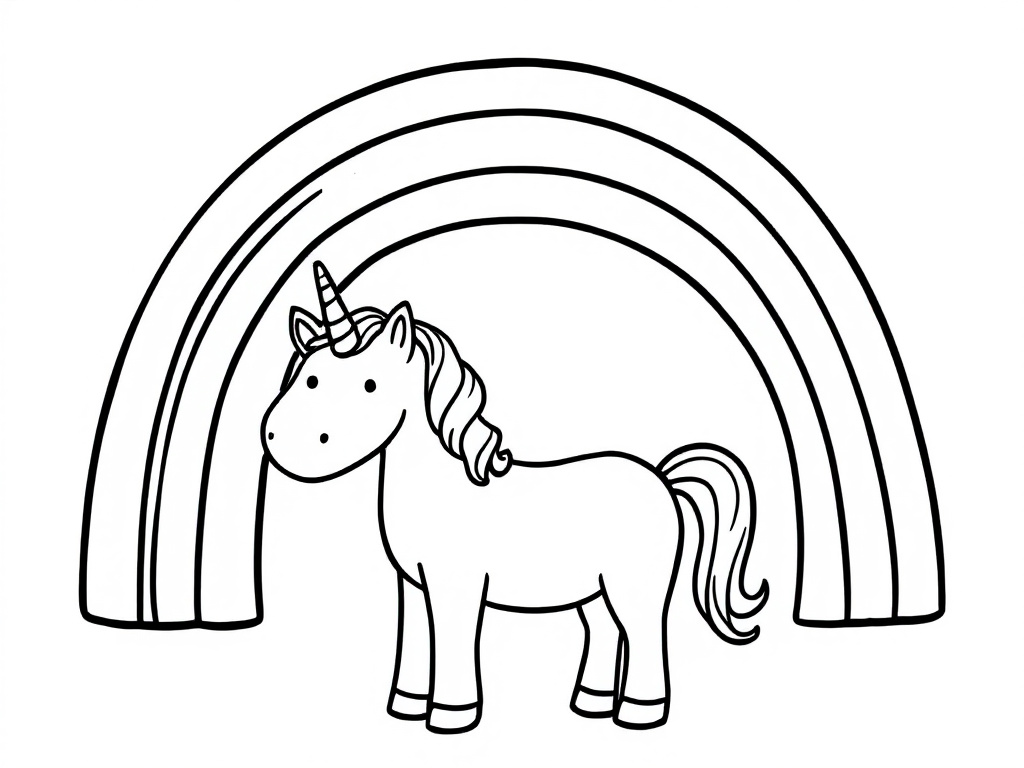 A coloring page of a unicorn standing under a rainbow.