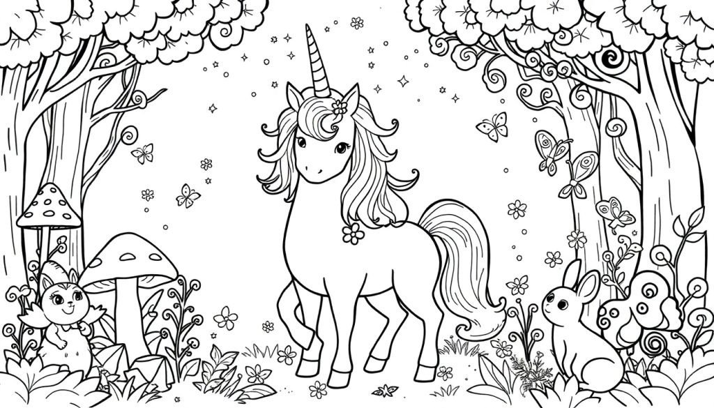 A charming unicorn in a magical forest surrounded by butterflies, a bunny, and mushrooms, perfect for a coloring page.