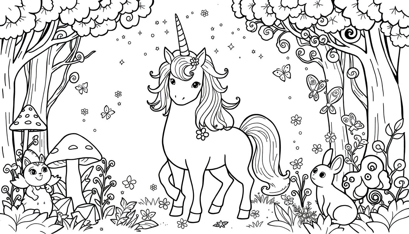 A charming unicorn in a magical forest surrounded by butterflies, a bunny, and mushrooms, perfect for a coloring page.