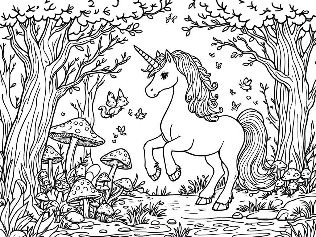 A magical white unicorn in a forest with butterflies and mushrooms, designed as a coloring page.