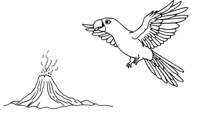 A coloring page featuring a parrot flying near a smoking volcano.