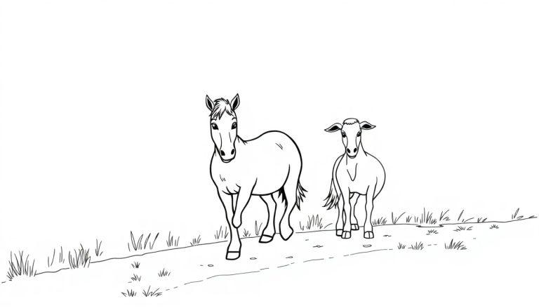 A black-and-white coloring drawing of a horse and a cow walking along a grassy path.