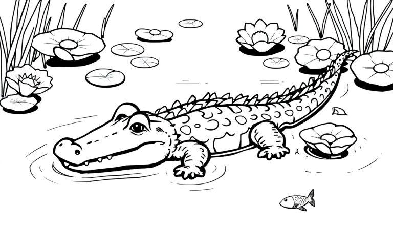 A cartoon-styled alligator resting in a pond surrounded by water lilies and reeds; a fish swims nearby and lily pads float on the water surface—perfect for coloring fun.