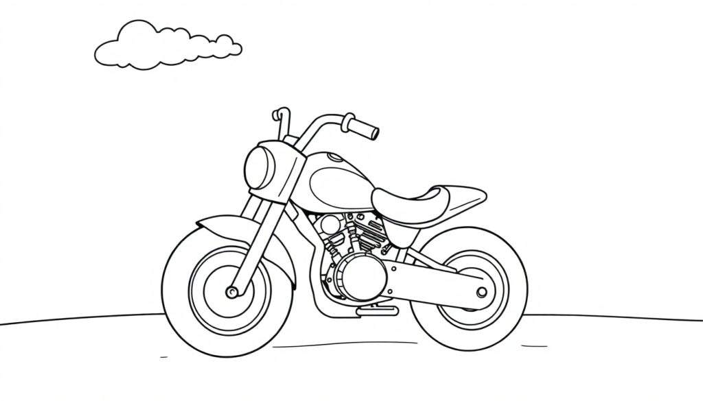 A cute black and white cartoon motorcycle with big friendly wheels, ready for adventure, on a color panel.