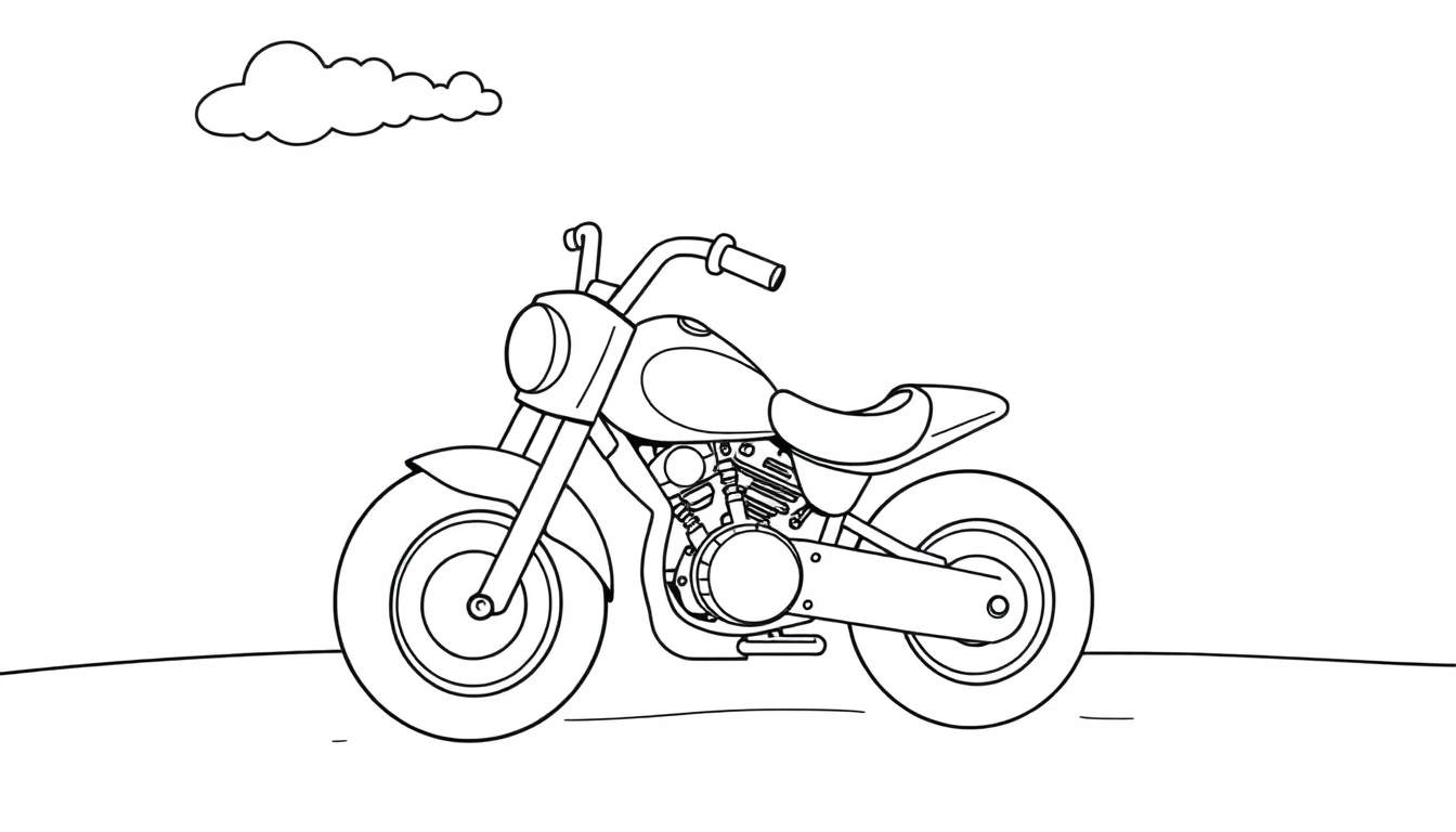 A cute black and white cartoon motorcycle with big friendly wheels, ready for adventure, on a color panel.