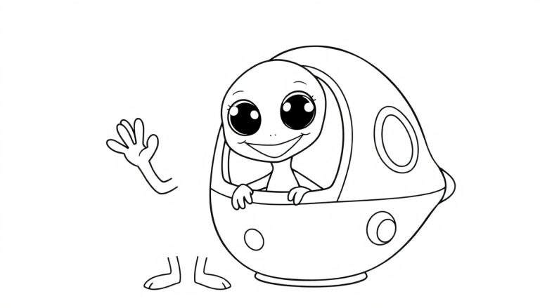 Cute cartoon alien waving hello from its spaceship, ready for coloring! Black and white outline color panel.