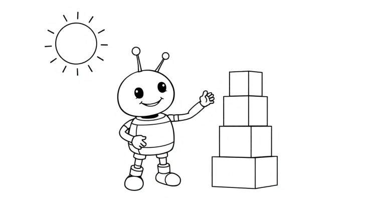 A black and white cartoon of a smiling alien with antennae and a striped shirt standing next to a stack of colorful blocks. This color panel shows a sunny day.