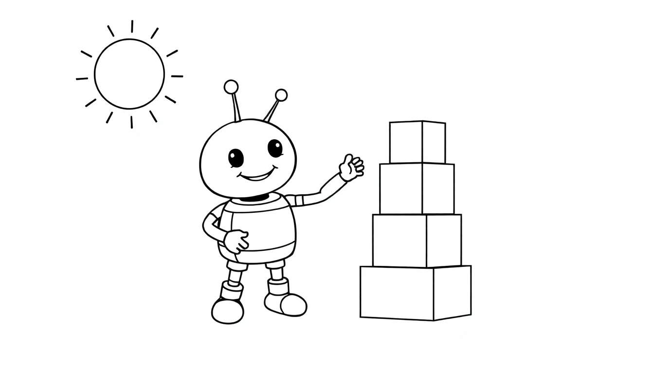 A black and white cartoon of a smiling alien with antennae and a striped shirt standing next to a stack of colorful blocks. This color panel shows a sunny day.