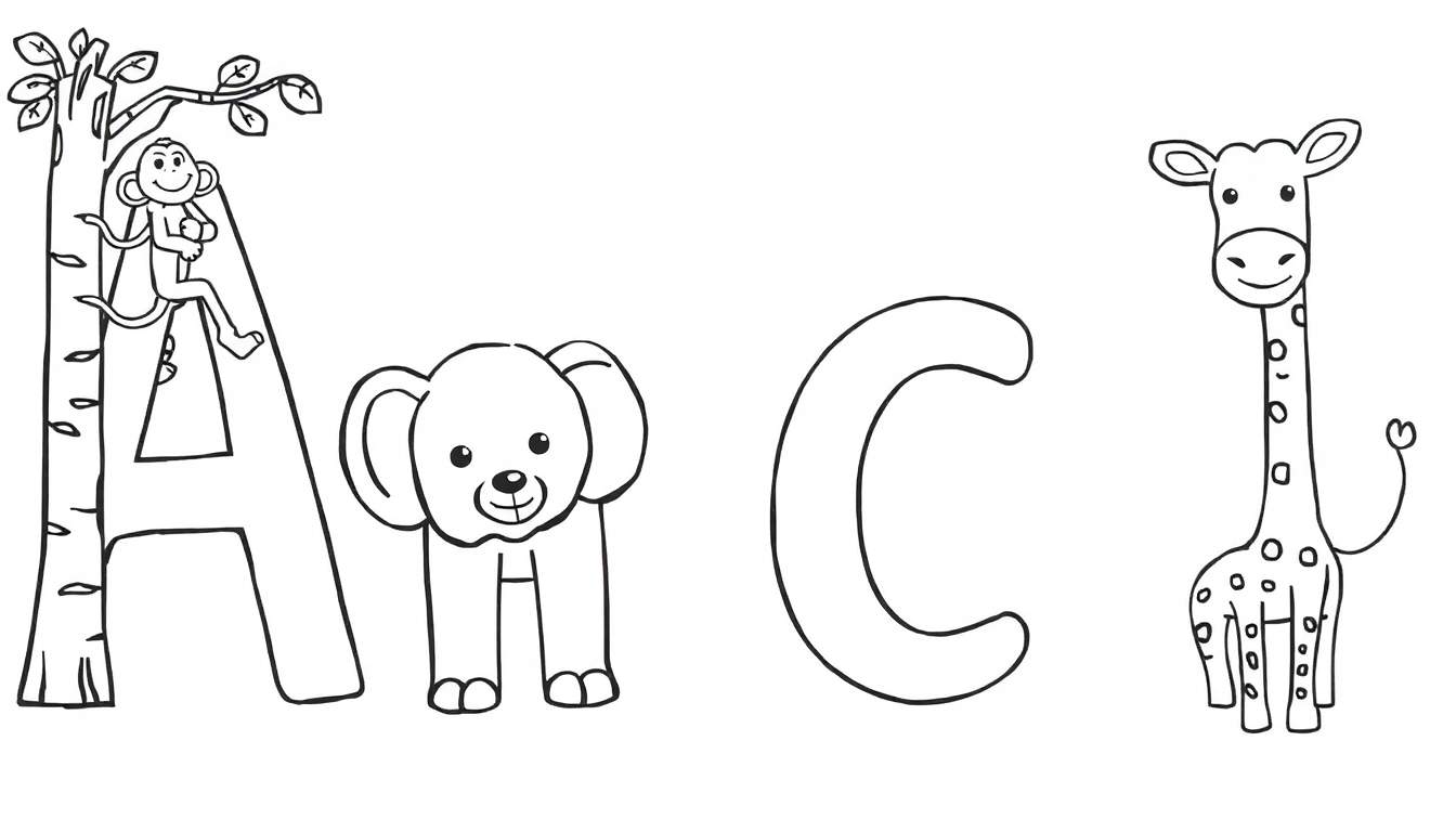 A black and white alphabet color panel with letter A connected to a tree and a monkey, followed by a dog, then letter C, and a giraffe, suitable for a coloring page.