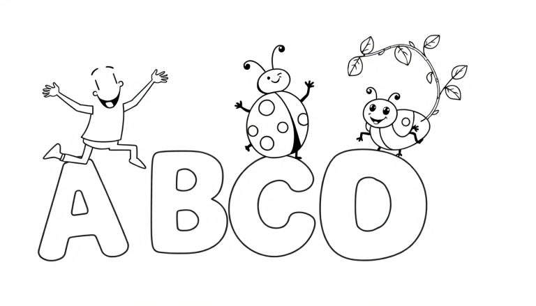 A black and white cartoon color panel of alphabet letters A, B, C, and D with a child figure on A and ladybugs on C and D.