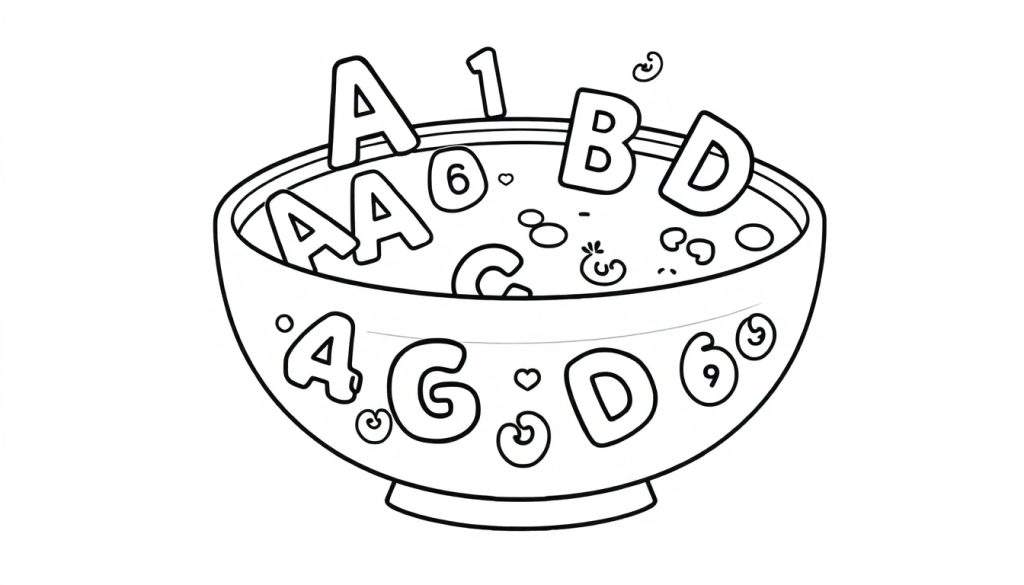 A black and white color panel showing a bowl of alphabet soup with numbers and playful shapes.