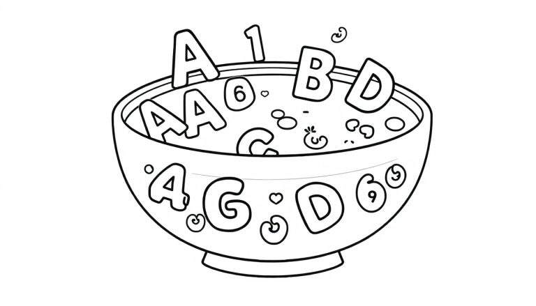 A black and white color panel showing a bowl of alphabet soup with numbers and playful shapes.