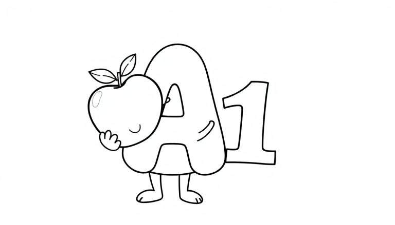 A friendly black and white cartoon character formed by the letter 'A' and the number '1', holding a red apple with leaves and a smile. This color panel is great for learning. A hand with three fingers is near the apple. The 'A' has legs and feet, making it a standing figure. The number '1' is next to the 'A'.