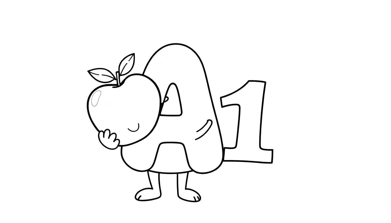 A friendly black and white cartoon character formed by the letter 'A' and the number '1', holding a red apple with leaves and a smile. This color panel is great for learning. A hand with three fingers is near the apple. The 'A' has legs and feet, making it a standing figure. The number '1' is next to the 'A'.